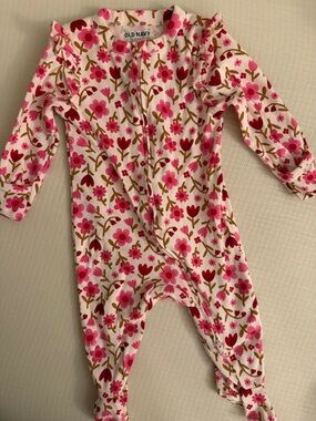 Old Navy Pink Floral Zip-Up Footie with Ruffle Shoulders